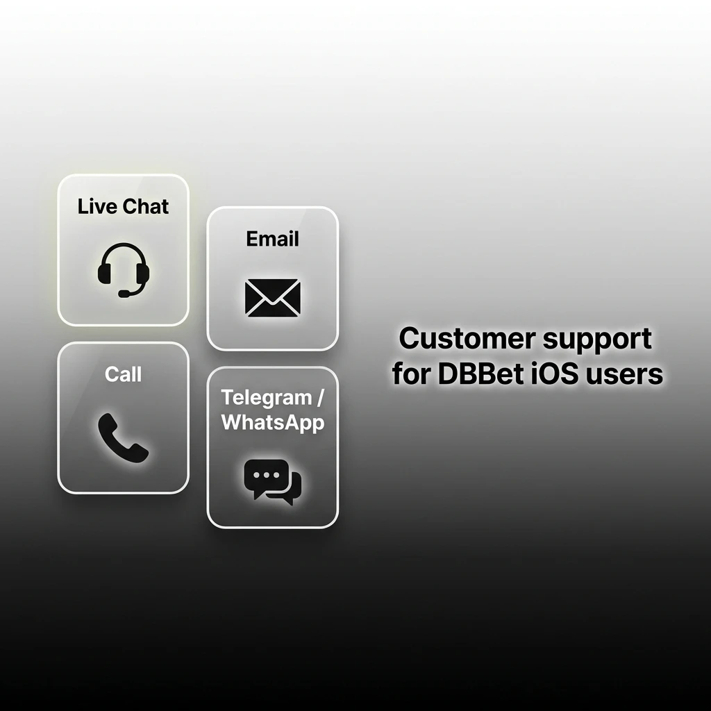 DBBet iOS app customer support options including 24/7 live chat, Help Centre, and email contact form