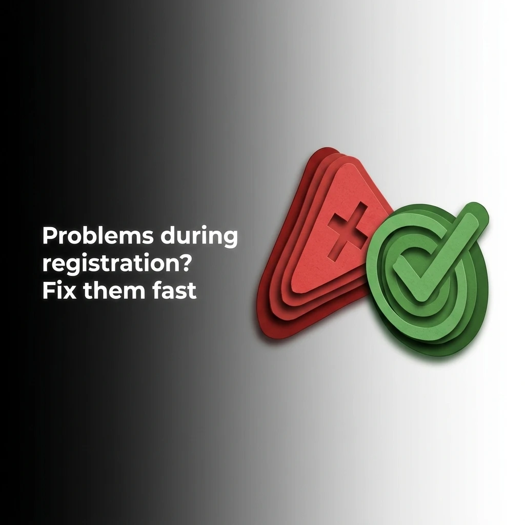 Person troubleshooting registration issues on a device, with icons for SMS, ID verification, and location services