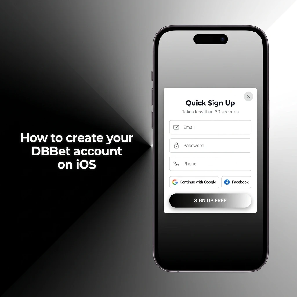 DBBet iOS account registration steps showing sign up form with phone, email, password, and currency fields on mobile app